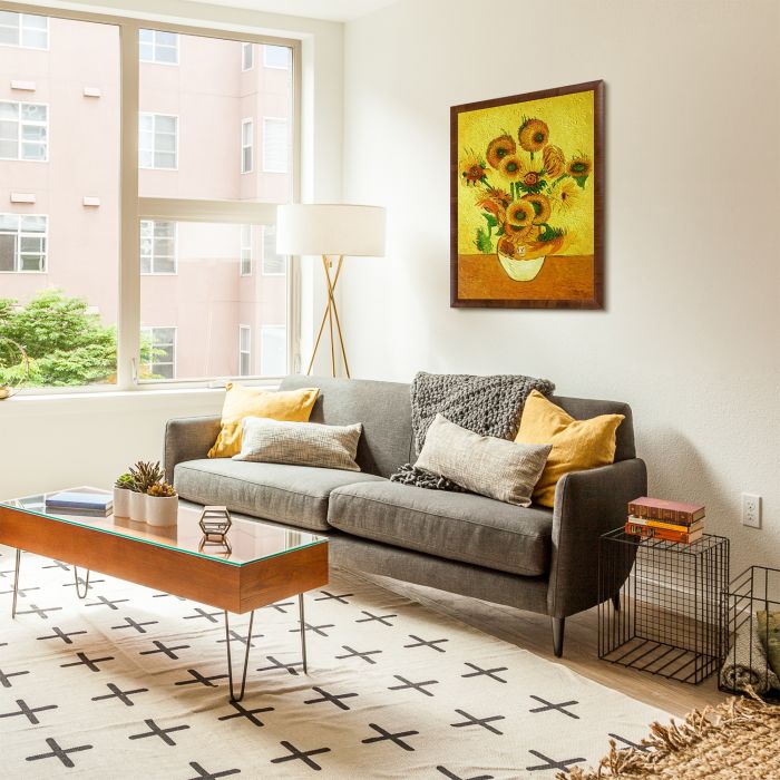 Vase with Fifteen Sunflowers Pre-Framed - Panzano Olivewood Frame 24" X 36"