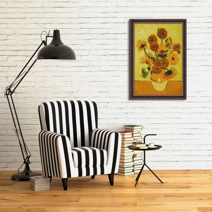 Vase with Fifteen Sunflowers Pre-Framed - Verona Black and Gold Braid 24"X36"