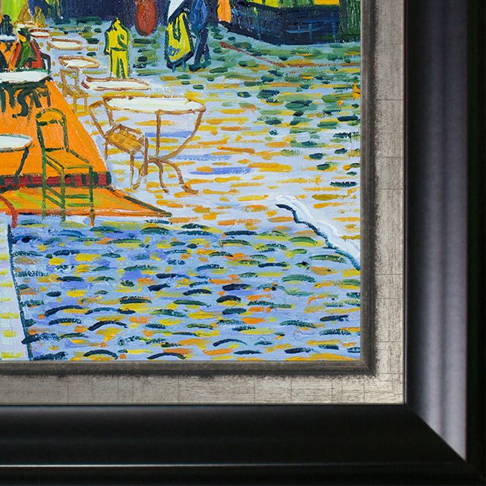 Cafe Terrace at Night Pre-Framed - Black Matte and Burnished Silver Custom Stacked Frame 20" X 24"