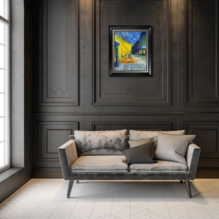 Cafe Terrace at Night Pre-Framed - Black Matte and Burnished Silver Custom Stacked Frame 20" X 24"