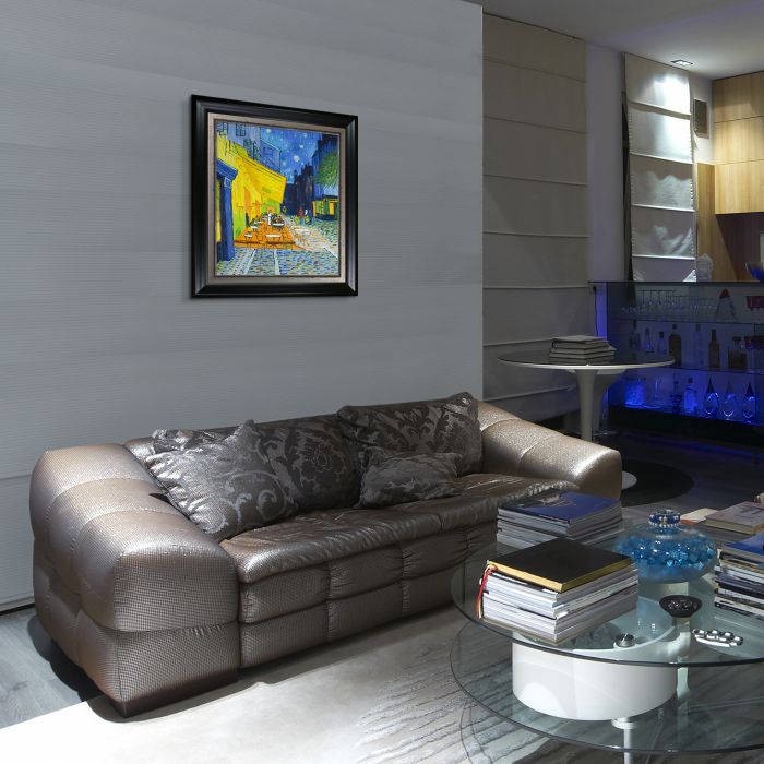 Cafe Terrace at Night Pre-Framed - Black Matte and Burnished Silver Custom Stacked Frame 20" X 24"