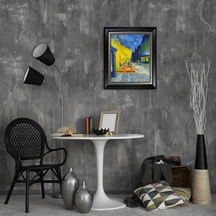 Cafe Terrace at Night Pre-Framed - Black Matte and Burnished Silver Custom Stacked Frame 20" X 24"