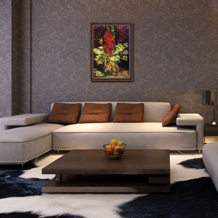 Vase with Gladioli and Carnations Pre-Framed - Verona Black and Gold Braid 24"X36"