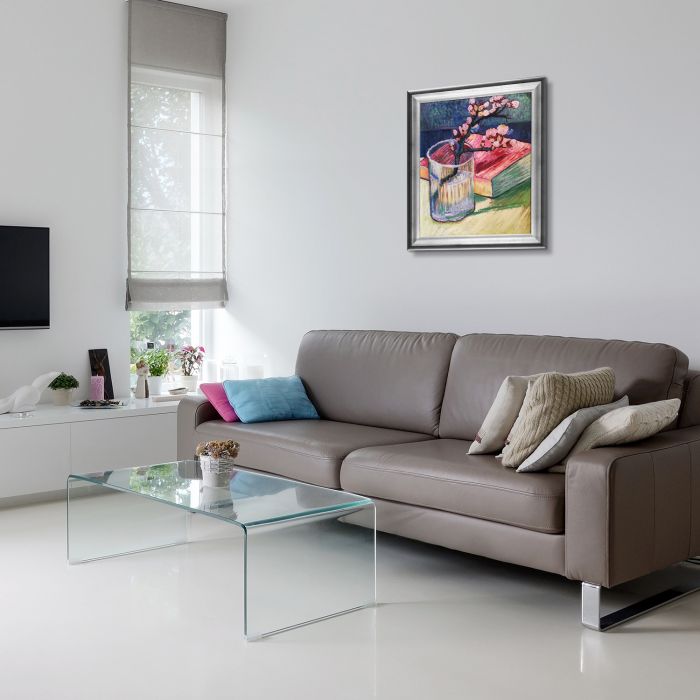 Blossoming Almond Branch in a Glass with a Book Pre-Framed - Athenian Silver Frame 20"X24"