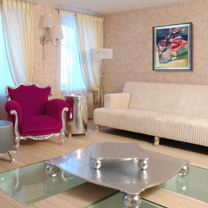 Blossoming Almond Branch in a Glass with a Book Pre-Framed - Athenian Silver Frame 20"X24"