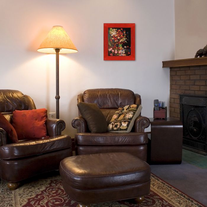 Vase with Poppies Cornflowers Peonies and Chrysanthemums Pre-Framed - Stiletto Red Frame 8" X 10"