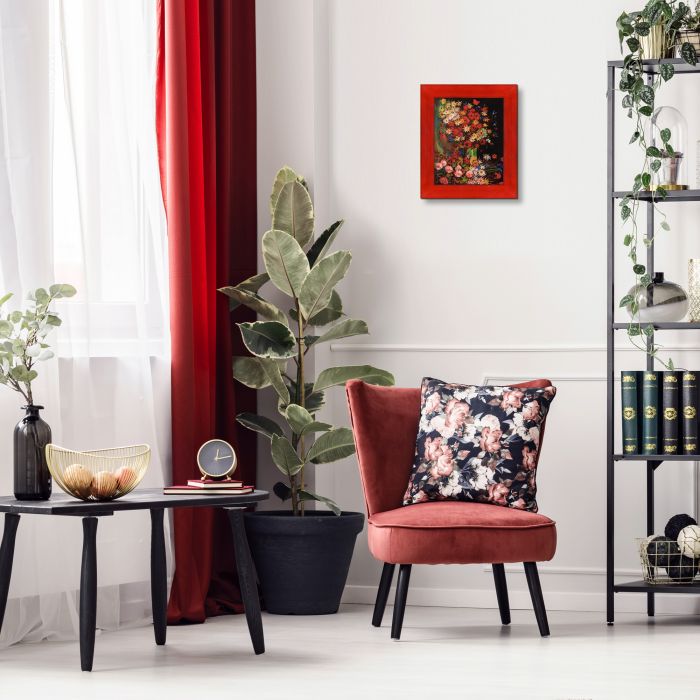 Vase with Poppies Cornflowers Peonies and Chrysanthemums Pre-Framed - Stiletto Red Frame 8" X 10"