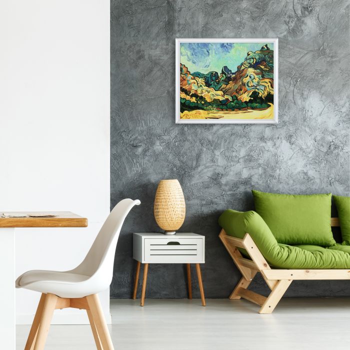 Mountains at St. Remy with Dark Cottage Pre-framed - Moderne Blanc Frame 20" X 24"