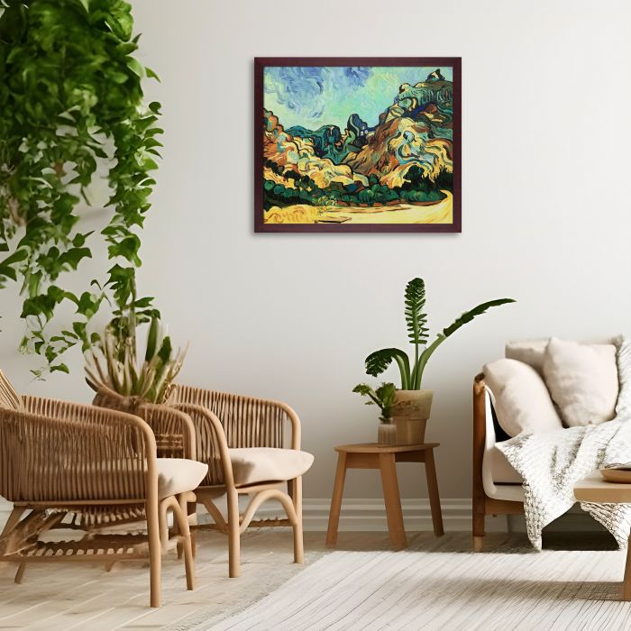 Mountains at St. Remy with Dark Cottage Pre-framed - Open Grain Mahogany 20" X 24"