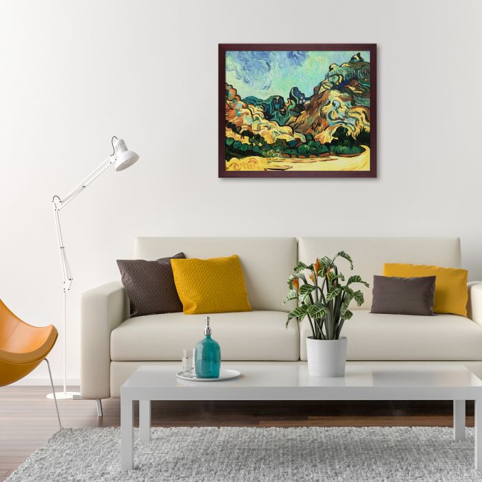 Mountains at St. Remy with Dark Cottage Pre-framed - Open Grain Mahogany 20" X 24"