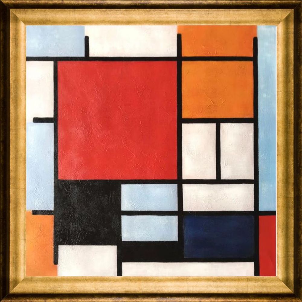 Composition with Large Red Plane, Yellow, Black, Gray and Blue Preframed - Athenian Gold - Athenian Gold Frame 24"X24"