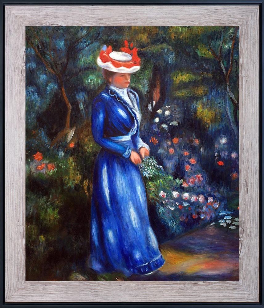 Renoir - Woman in a Blue Dress, Standing in the Garden of Saint Cloud  Pre-Framed - Nantucket Whitewash and Black Custom Stacked Frame 20"X24"