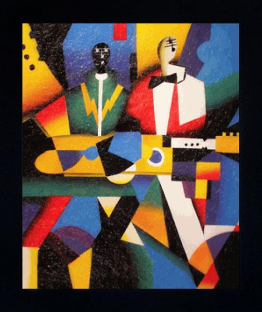 Two Guitarists Pre-Framed - New Age Black Frame 20"X24"