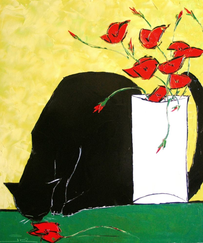 Black cat and his poppies