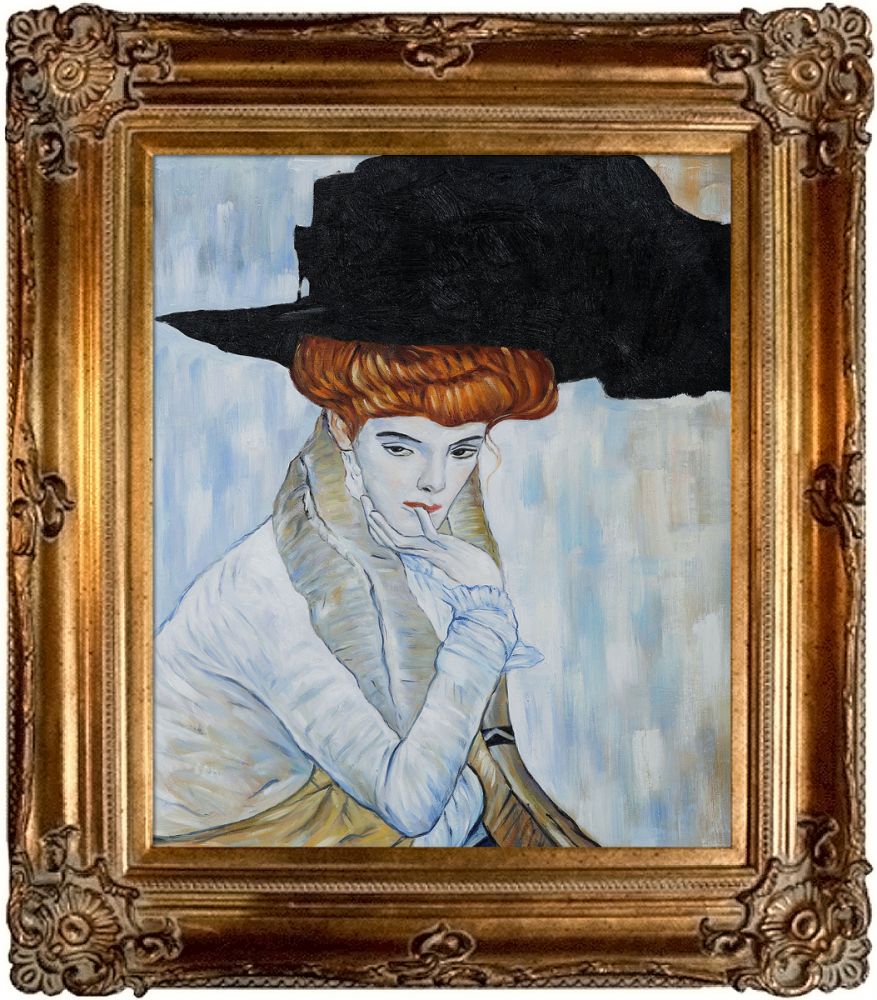 Black Feather Hat Pre-Framed - Renaissance Bronze Frame 20"X24"