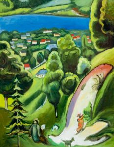 Landscape on the Tegernsee with a Reading man