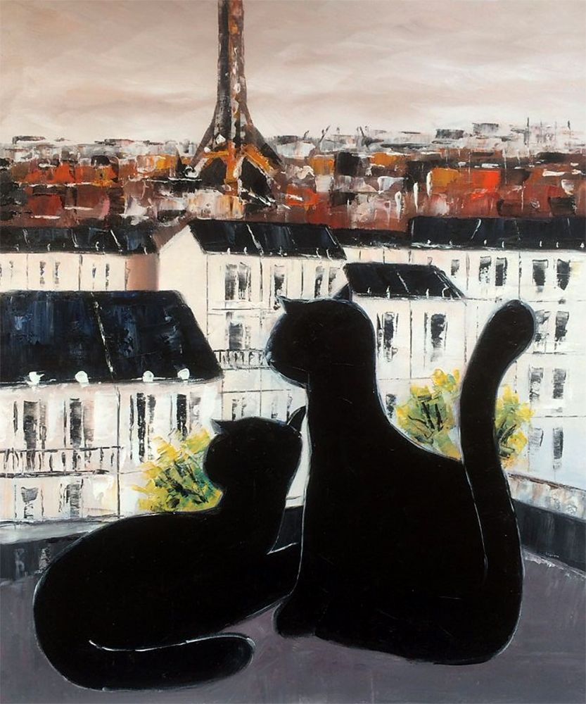 Black Cat with His Pretty on Paris Roofs III