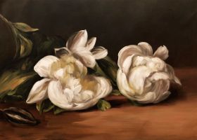 Branch Of White Peonies With Pruning Shears