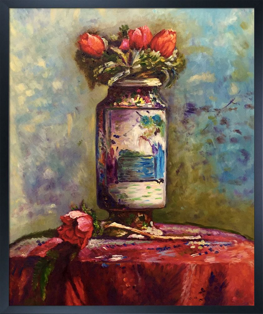 Anemones in a Chinese Vase Pre-framed - Studio Black Wood Frame 20"X24"