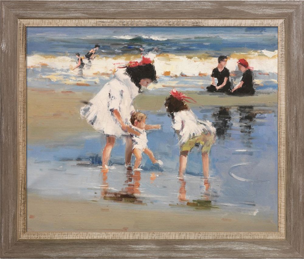 Children Playing at the Seashore Pre-Framed - Miramar Distressed Charcoal Grey Frame 20" X 24"