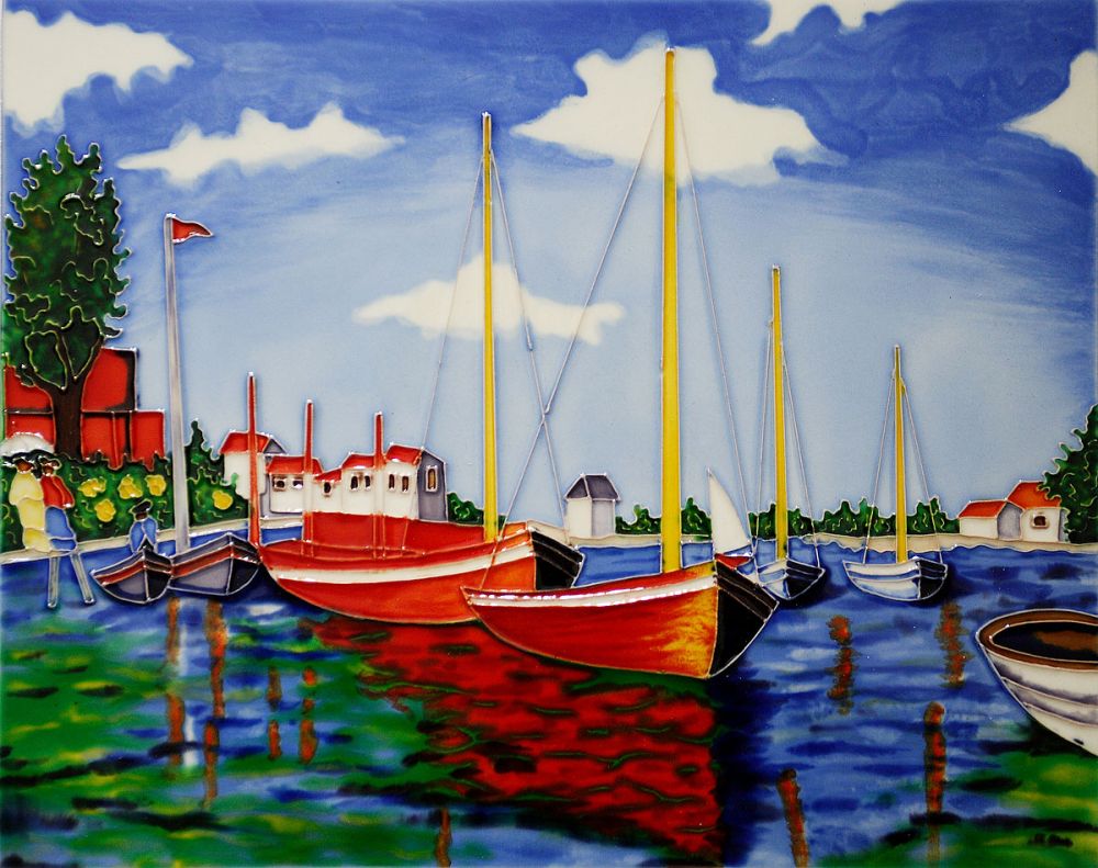 Red Boats Trivet/Wall Accent Tile (felt back)