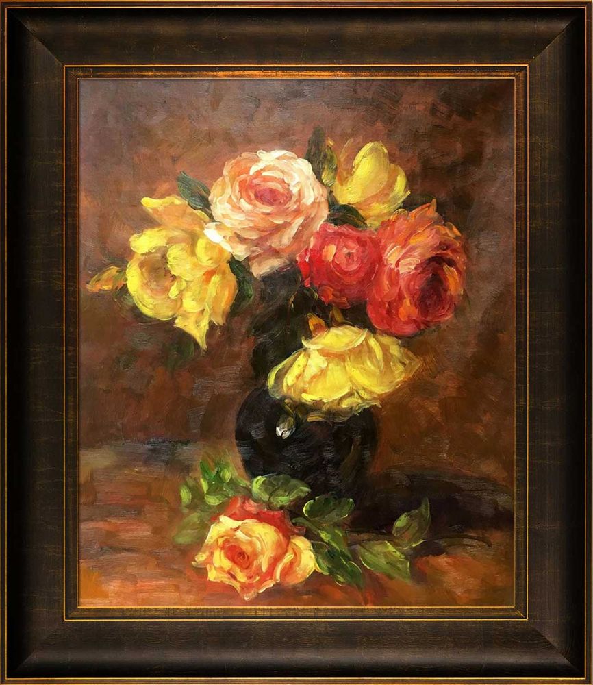 White and Pink Roses Pre-Framed - Veine D'Or Bronze Scoop Frame 20"X24"