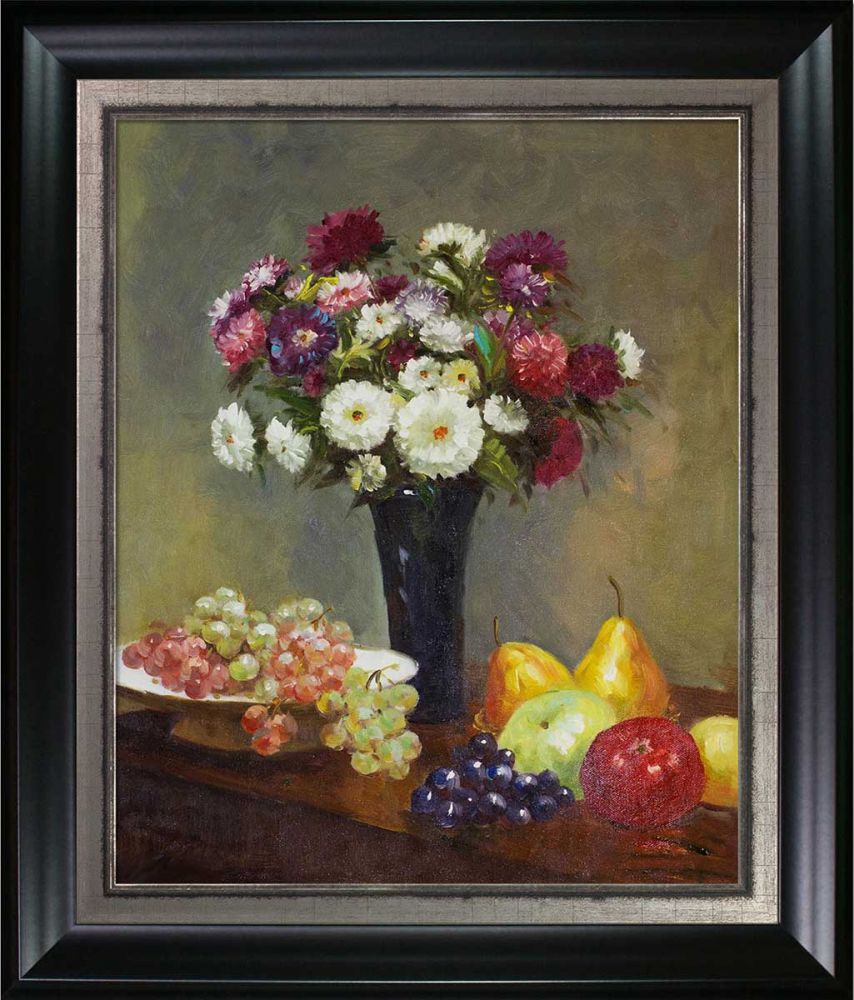 Asters and Fruit on a Table Pre-Framed - Black Matte and Burnished Silver Custom Stacked Frame 20" X 24"