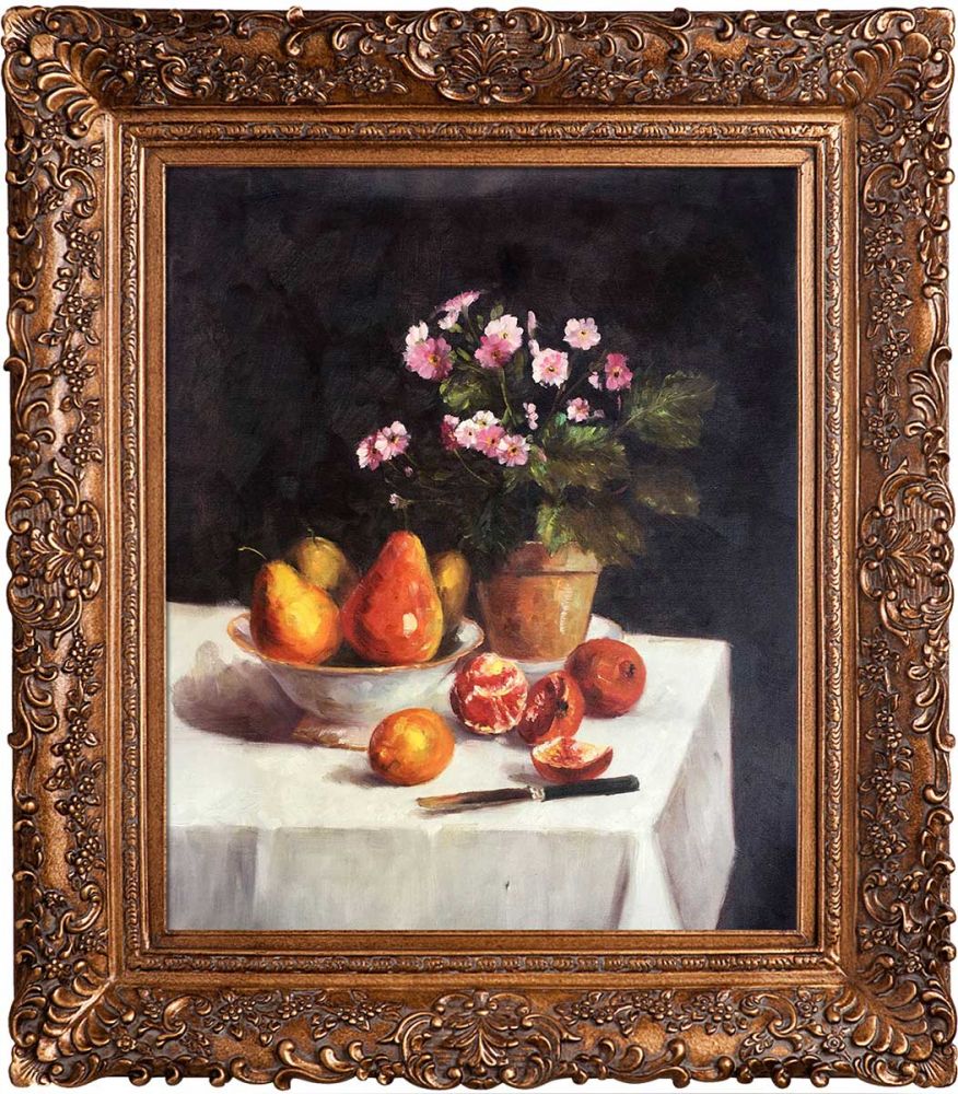 Still Life, Primroses, Pears and Promenates, 1873 Pre-Framed - Burgeon Gold Frame 20"X24"