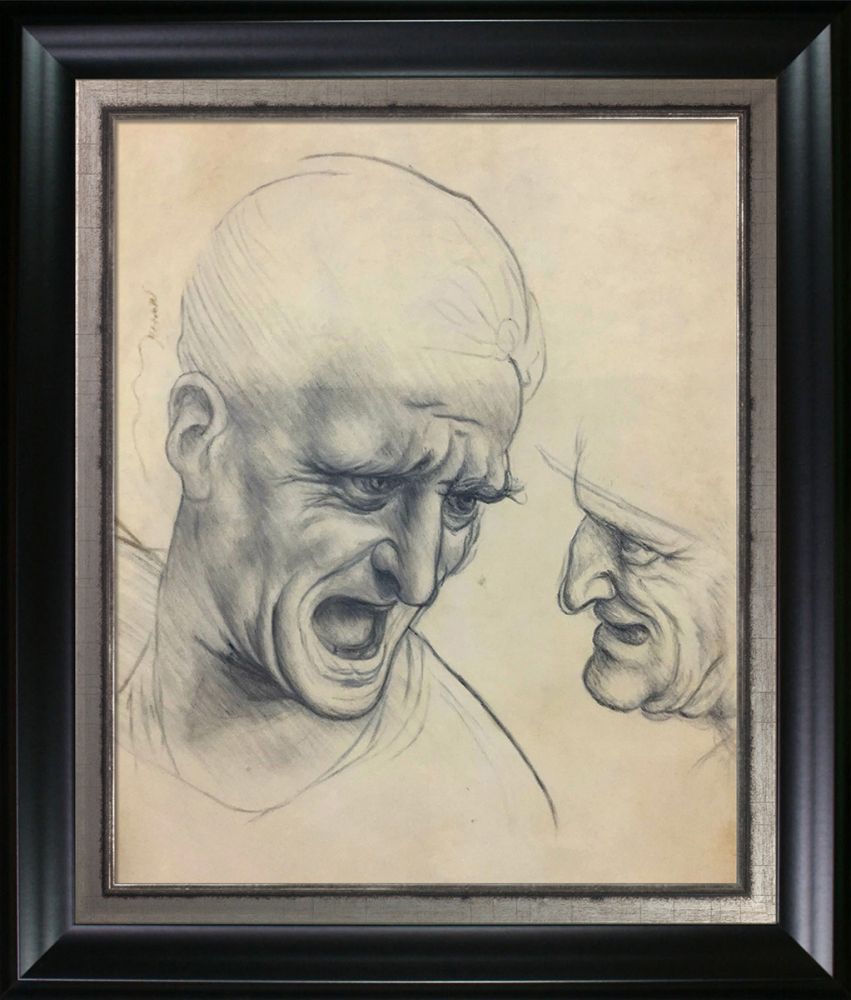 Study of Two Warriors' Heads for the Battle Anghiari Pre-Framed - Black Matte and Burnished Silver Custom Stacked Frame 20" X 24"