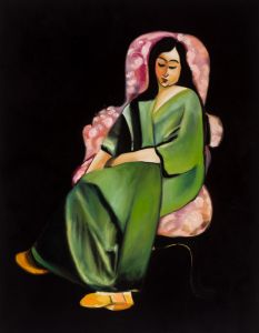 Lorette in a Green Robe against a Black Background