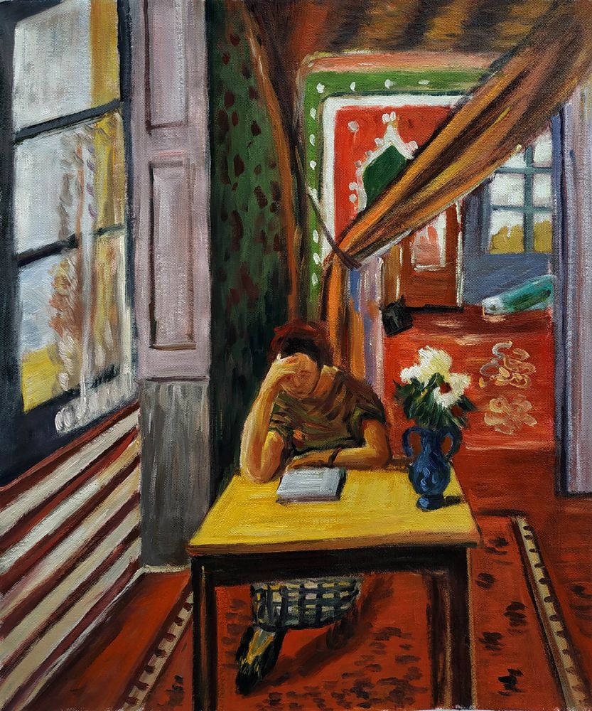 Reader Leaning Her Elbow on the Table