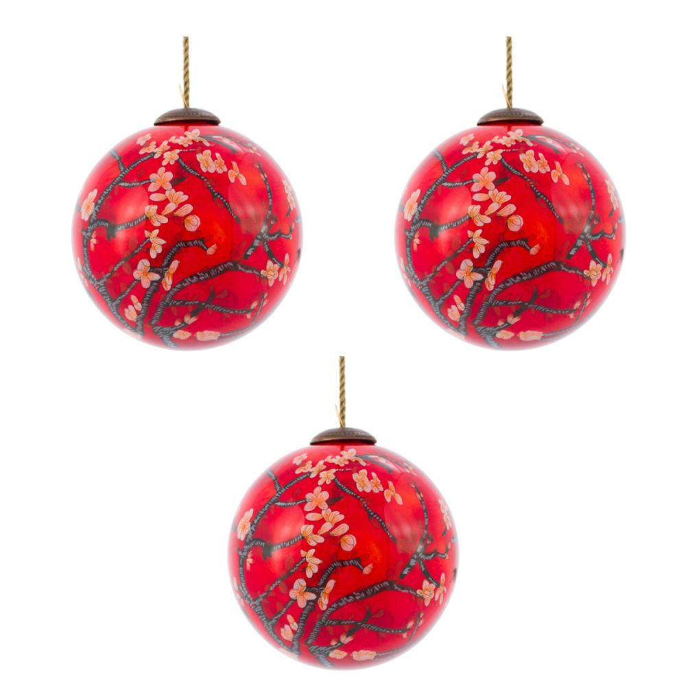 Branches of an Almond Tree in Blossom (Red) Glass Ornament Collection (Set of 3)