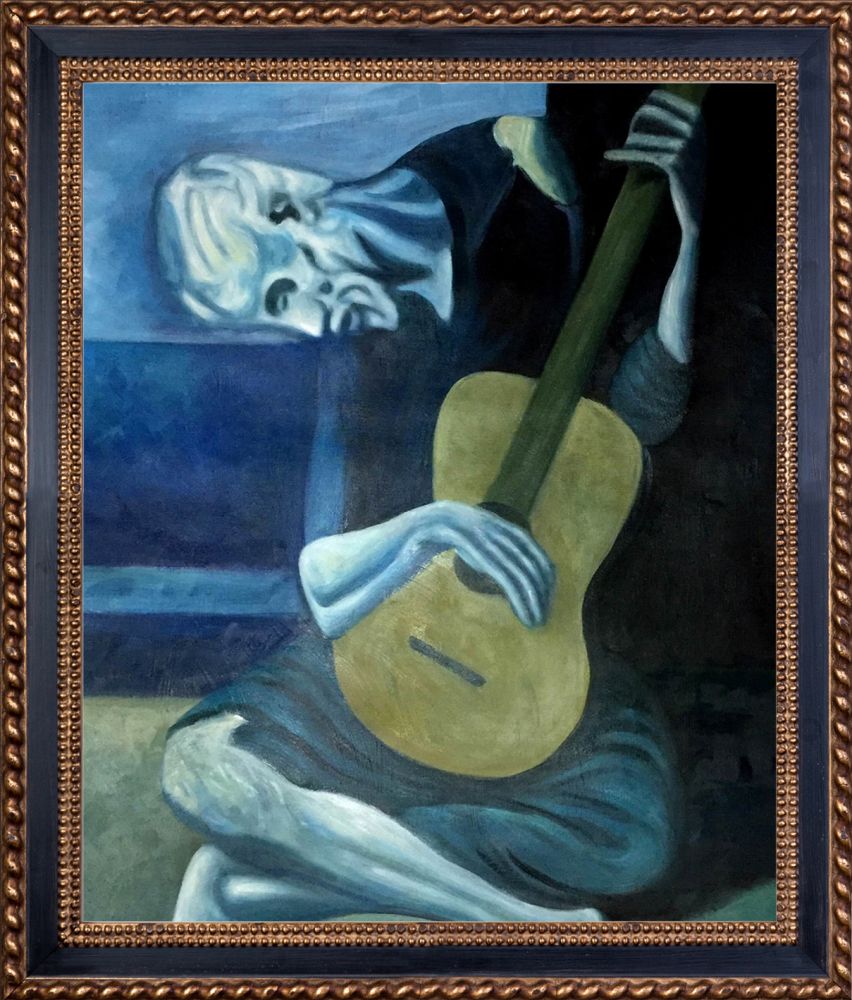 The Old Guitarist - Verona Black and Gold Braid 20" X 24"