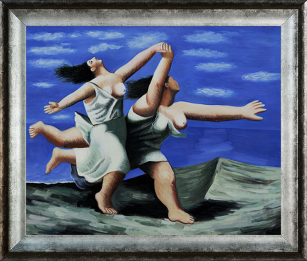 Two Women Running on the Beach (The Race) - Athenian Distressed Silver Frame 20"X24"