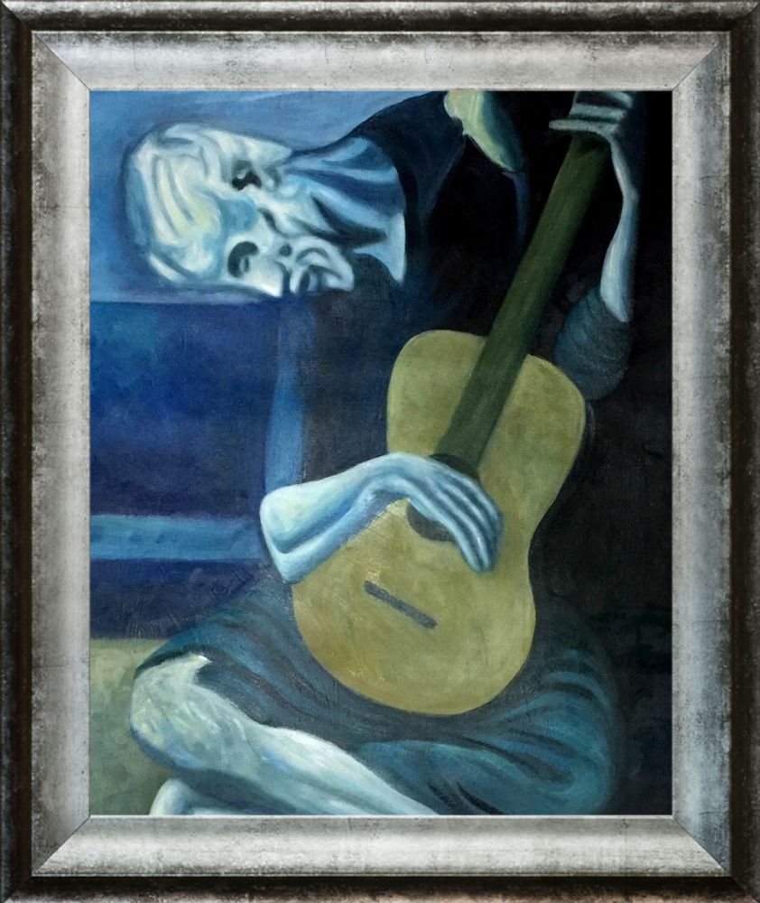 The Old Guitarist 1903 - Athenian Distressed Silver Frame 16" X 20"