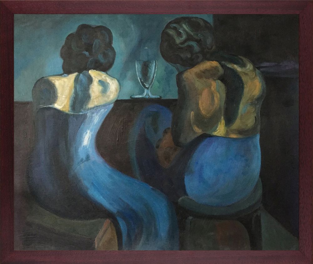 Prostitutes at a Bar - Open Grain Mahogany 20" X 24"