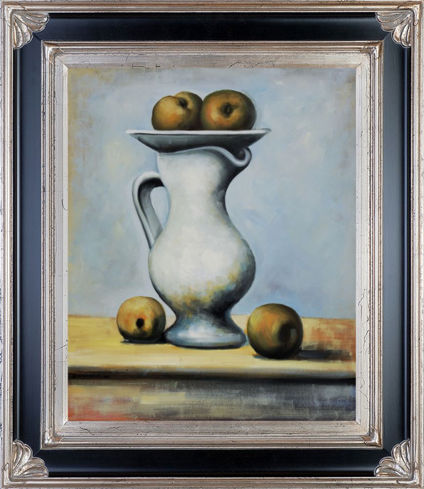 Still Life With Pitcher and Apples - Corinthian Aged Silver Frame 20"X24"
