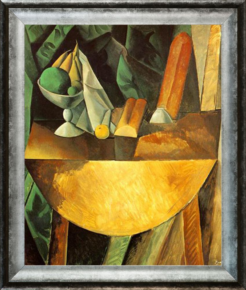 Bread and Fruit Dish on a Table - Athenian Distressed Silver Frame 20"X24"