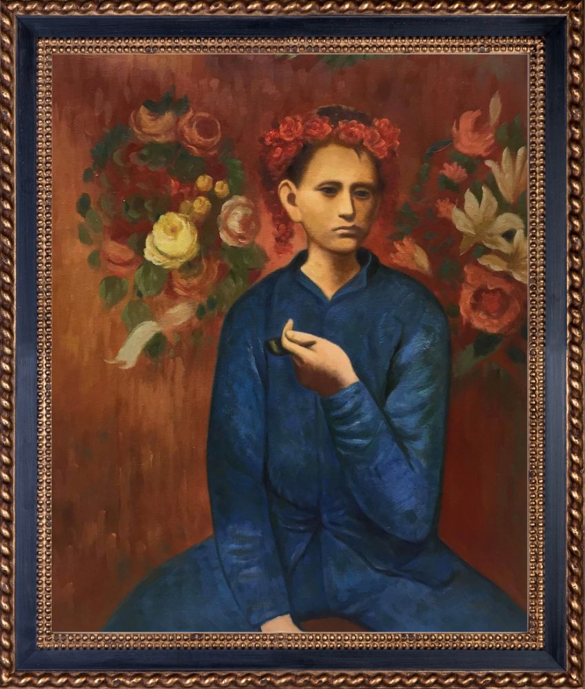 Boy with Pipe - Verona Black and Gold Braid 20" X 24"