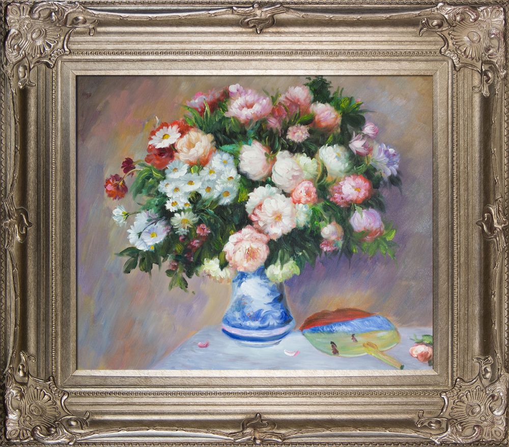 Chrysanthenums and Japanese Fan Pre-Framed - Renaissance Champagne Frame 20"X24"