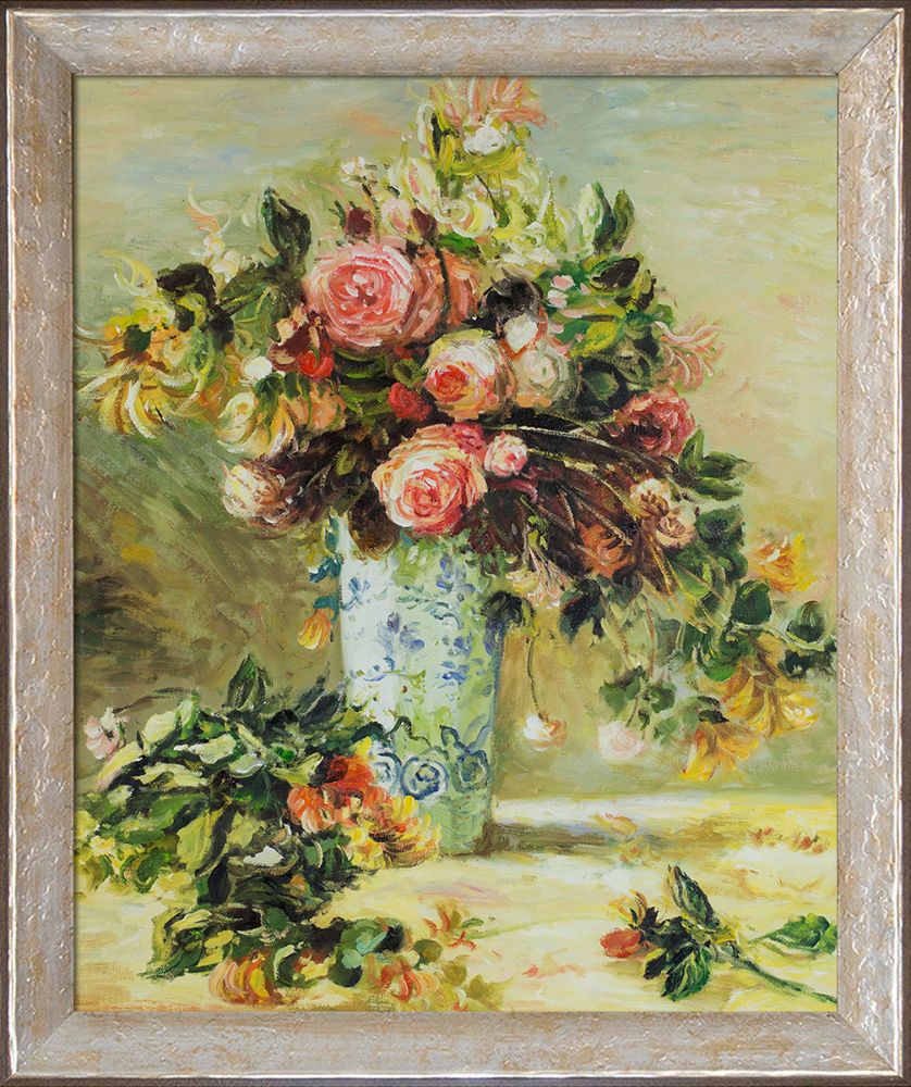 Roses and Jasmine in a Delft Vase Pre-Framed - Silver Luna Frame 20"X24"