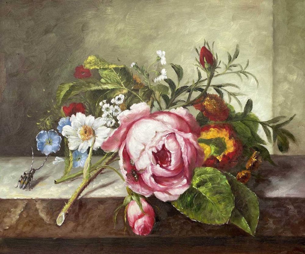 Spray of Flowers, with a Beetle on a Stone Balustrade