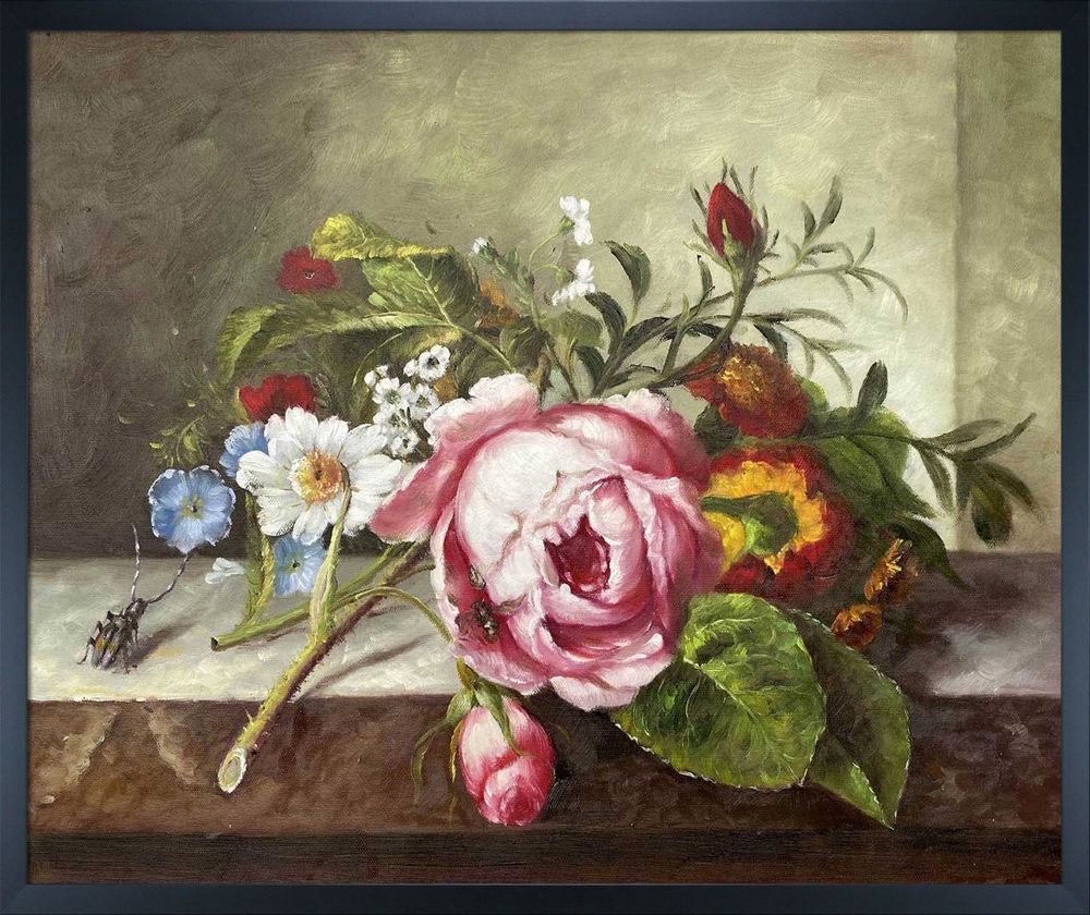 Spray of Flowers, with a Beetle on a Stone Balustrade Pre-framed - Studio Black Wood Frame 20"X24"