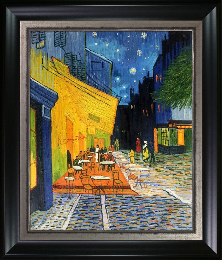 Cafe Terrace at Night Pre-Framed - Black Matte and Burnished Silver Custom Stacked Frame 20" X 24"
