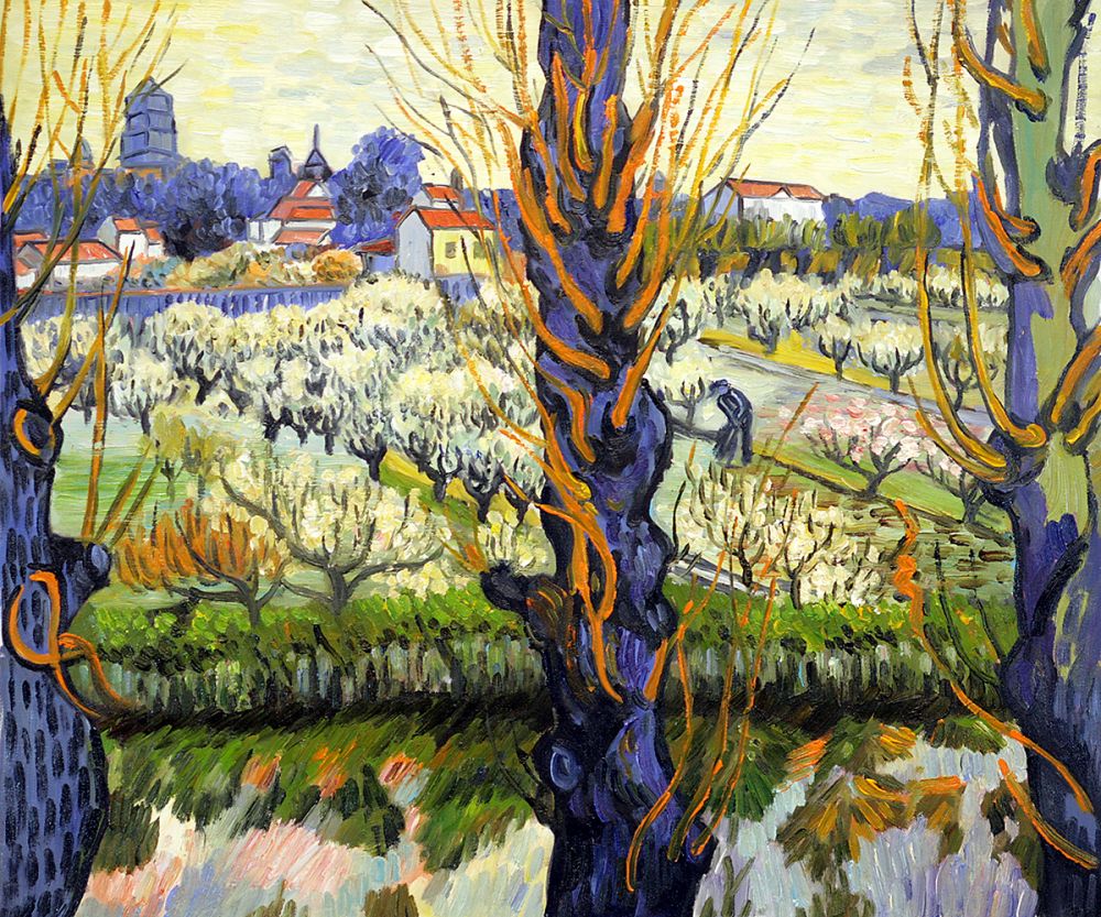 Orchard in Bloom with Poplars