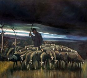 Shepherd with a flock of Sheep