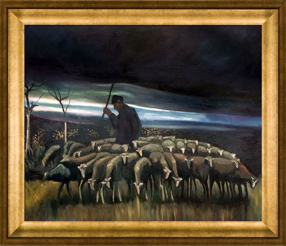 Shepherd with a flock of Sheep Pre-Framed - Athenian Gold Frame 20"X24"