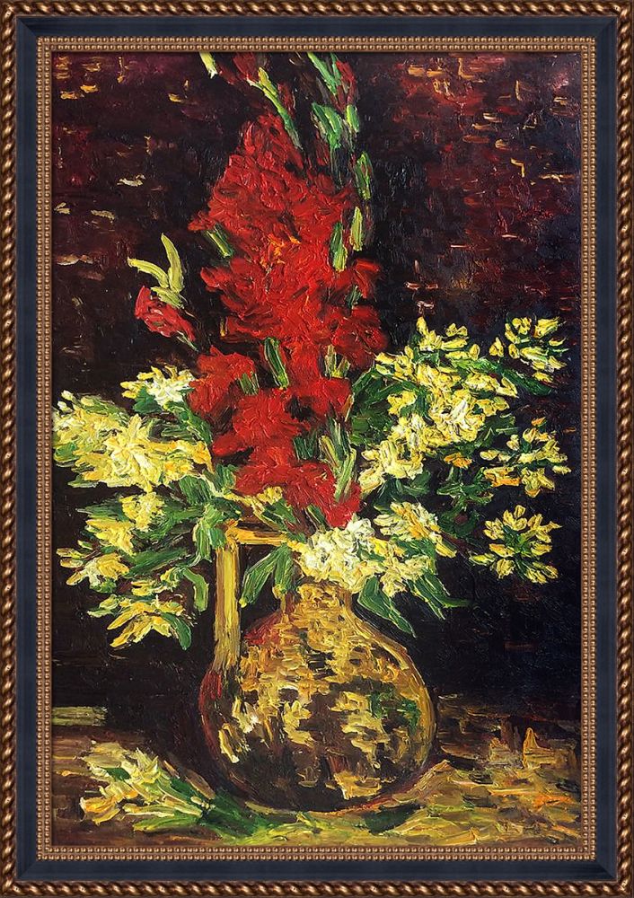 Vase with Gladioli and Carnations Pre-Framed - Verona Black and Gold Braid 24"X36"