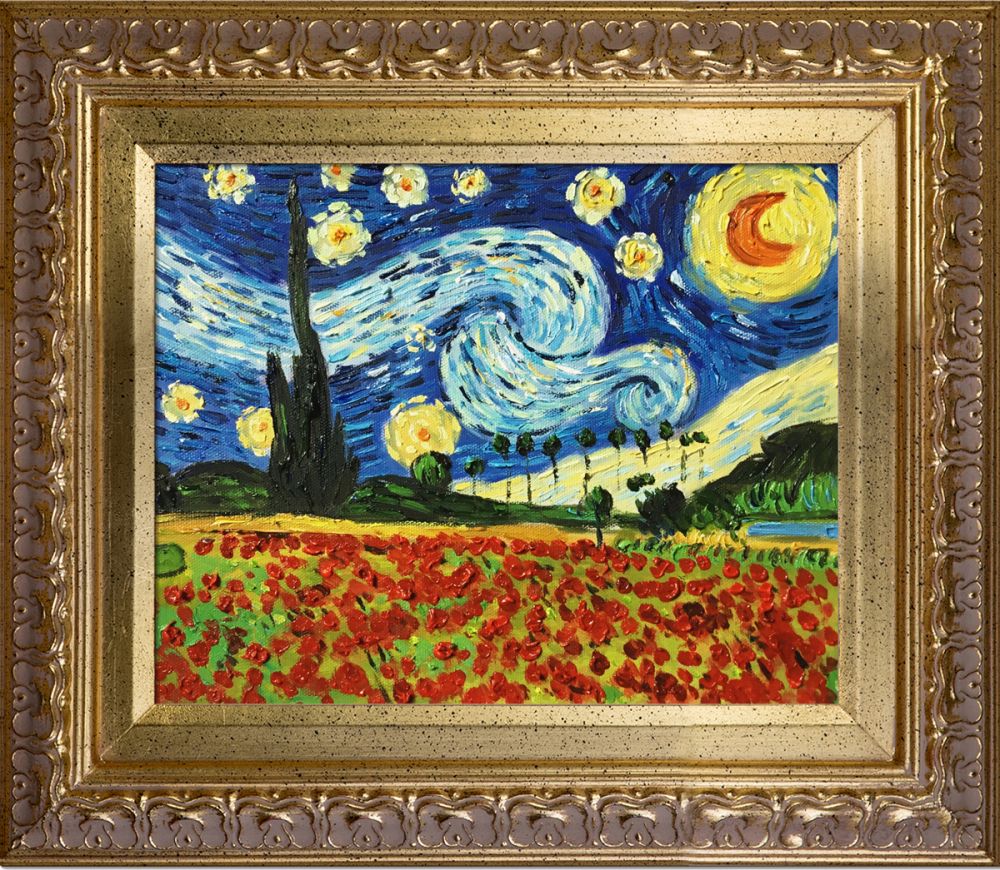 Starry Poppy Collage Pre-Framed - Elegant Gold Frame 8"X10"