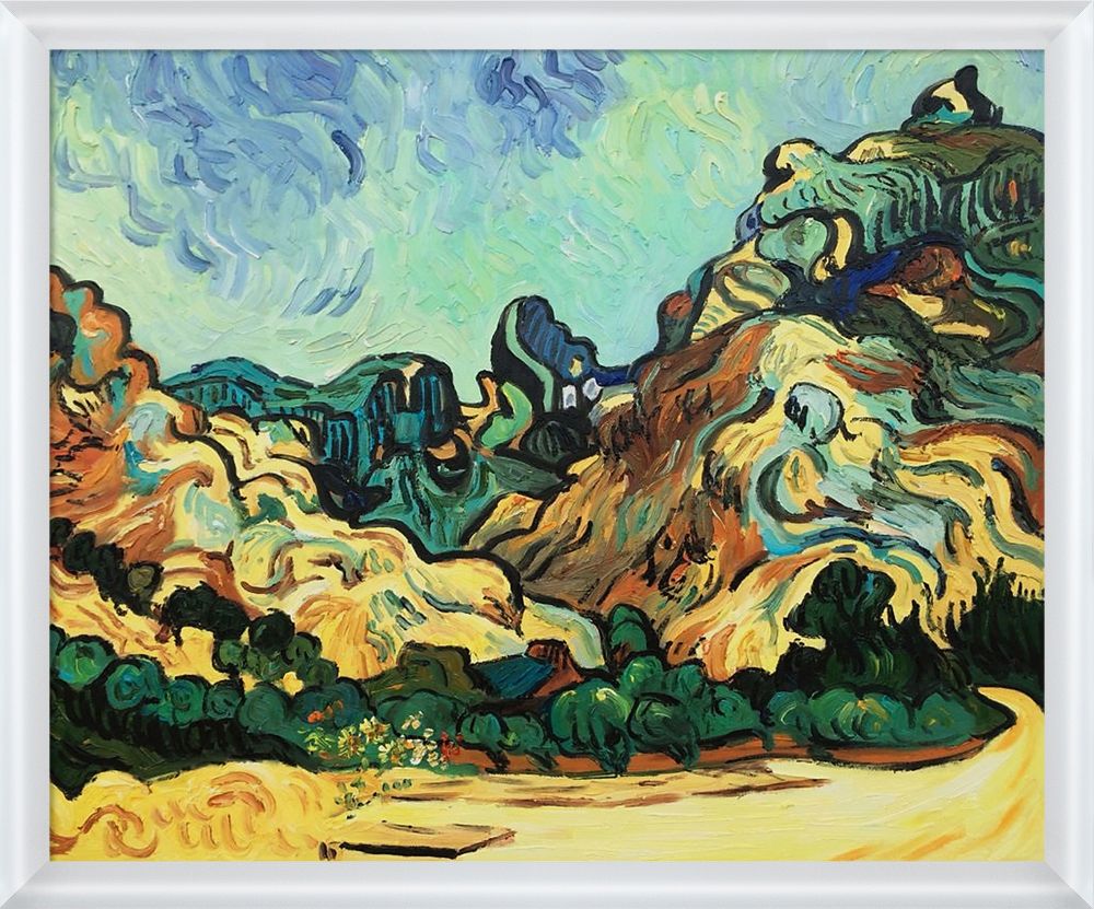 Mountains at St. Remy with Dark Cottage Pre-framed - Moderne Blanc Frame 20" X 24"